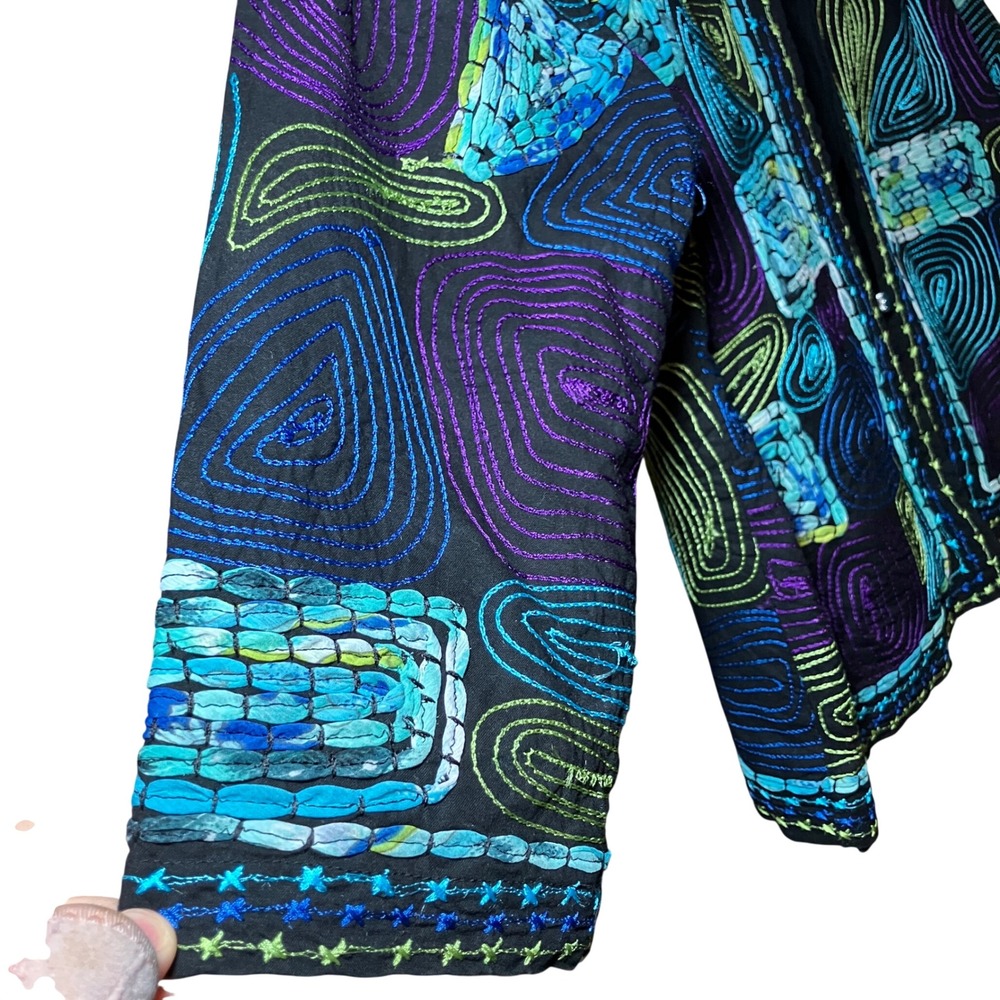 Life Style Petite Jacket Women PXL Black Blue Embroidered Art Boho Open Front - Picture 5 of 10